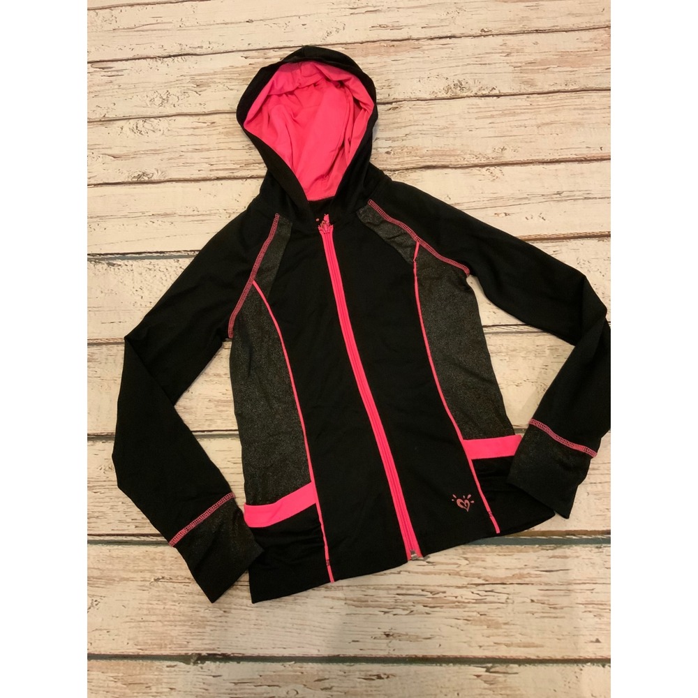 Justice Girls Size 8 Black Pink Full Zip Activewear Hoodie Thumbhole Jacket